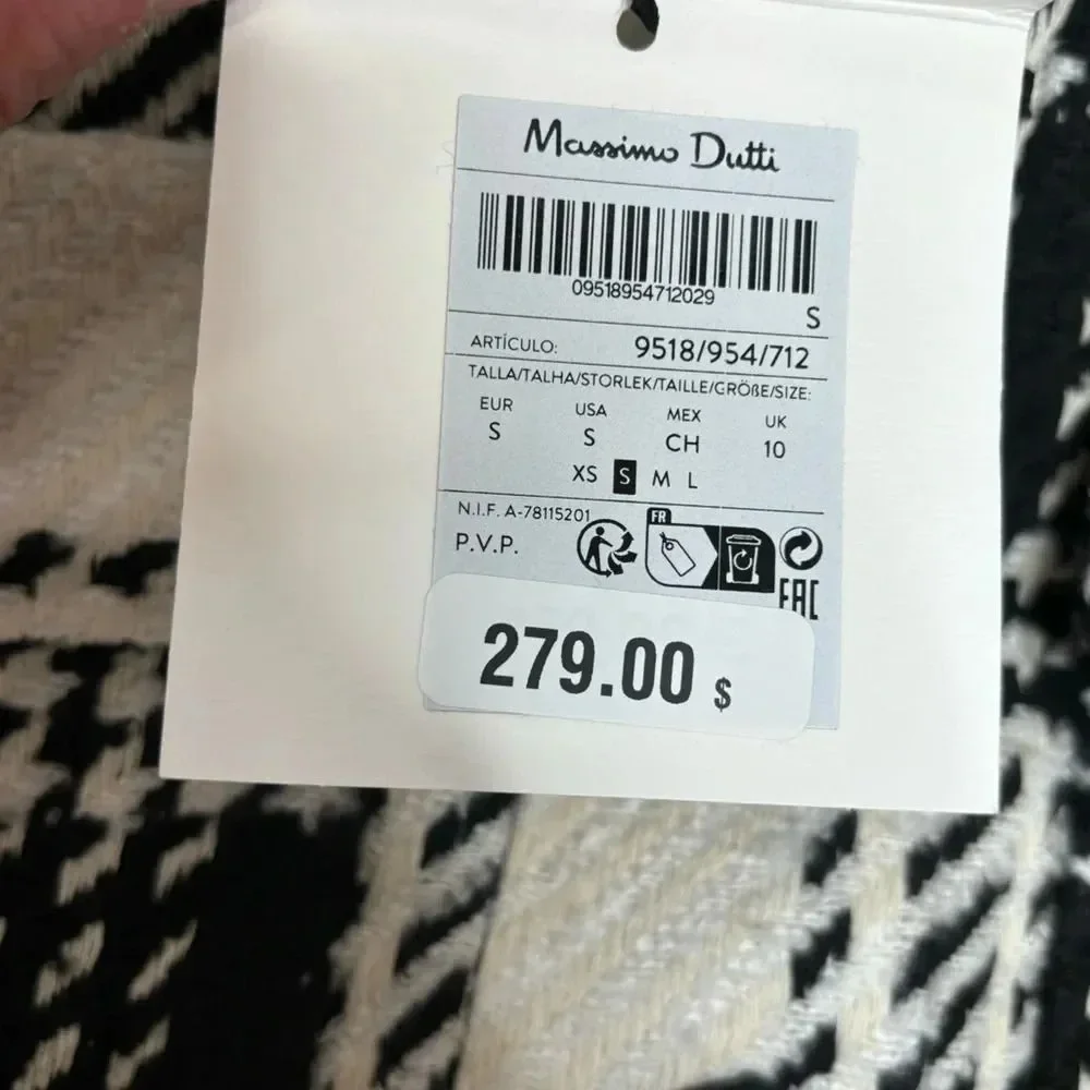 Massimo Dutti Black White textured Studio Jacket Plaid Coat size Small NWT